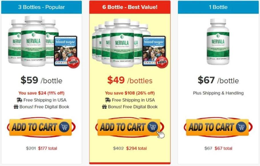 Nervala discount pricing for 1, 3, and 6 bottle packages